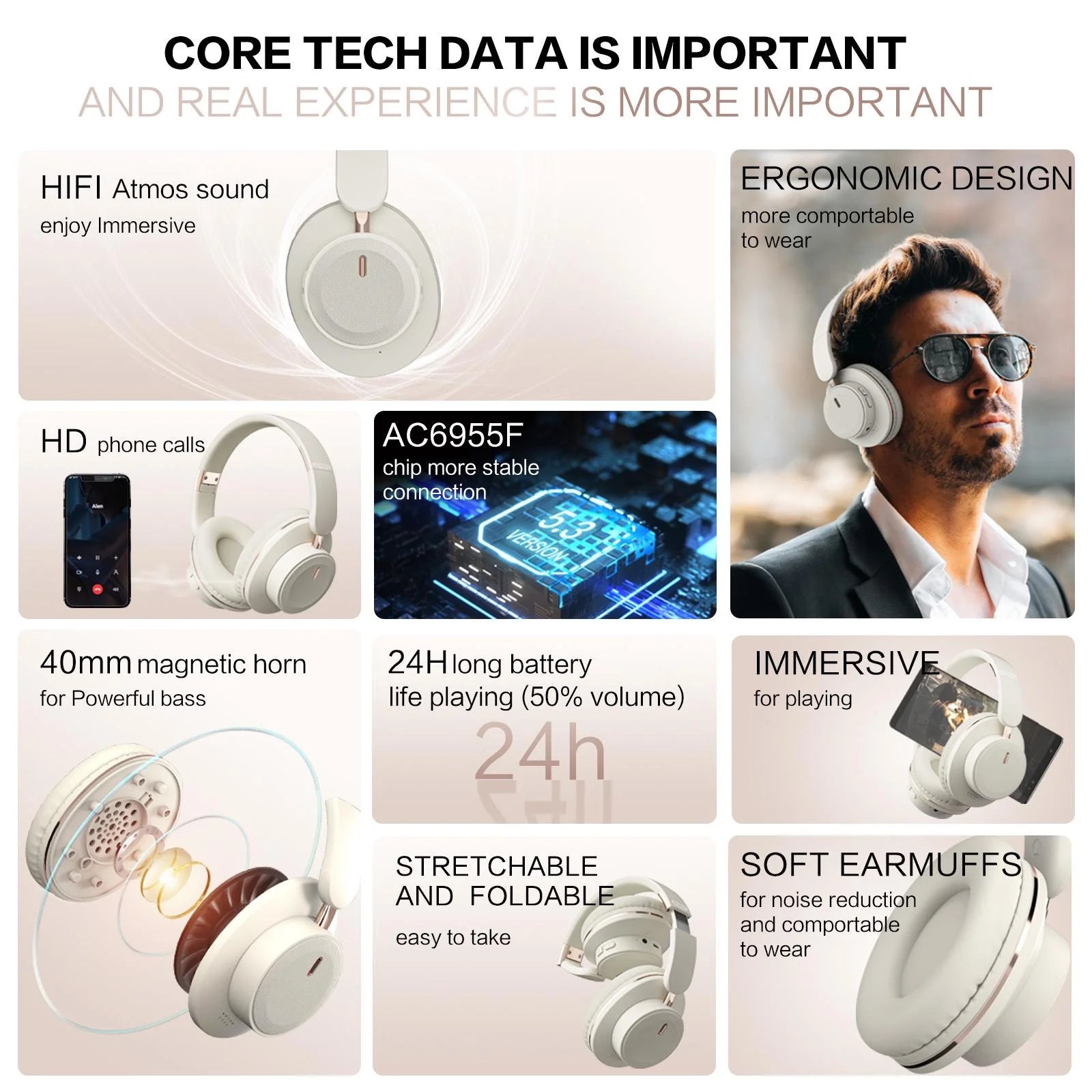 Bluetooth Headphones Wireless Headset Over Ear Foldable Portable Fashion Aesthetic Hi Fi Stereo Sound BT 5.3 Dual Mode Connectivity 24H Battery Fast Charging For Travel Gaming Music Streaming Photographers Students Commuters