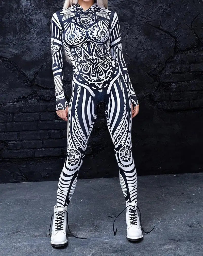 Halloween Women Role Play Costume Black White Tribal Print Hooded Long Sleeve Skinny Catsuit Full Body Jumpsuit Cosplay Outfit