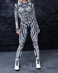 Halloween Women Role Play Costume Black White Tribal Print Hooded Long Sleeve Skinny Catsuit Full Body Jumpsuit Cosplay Outfit