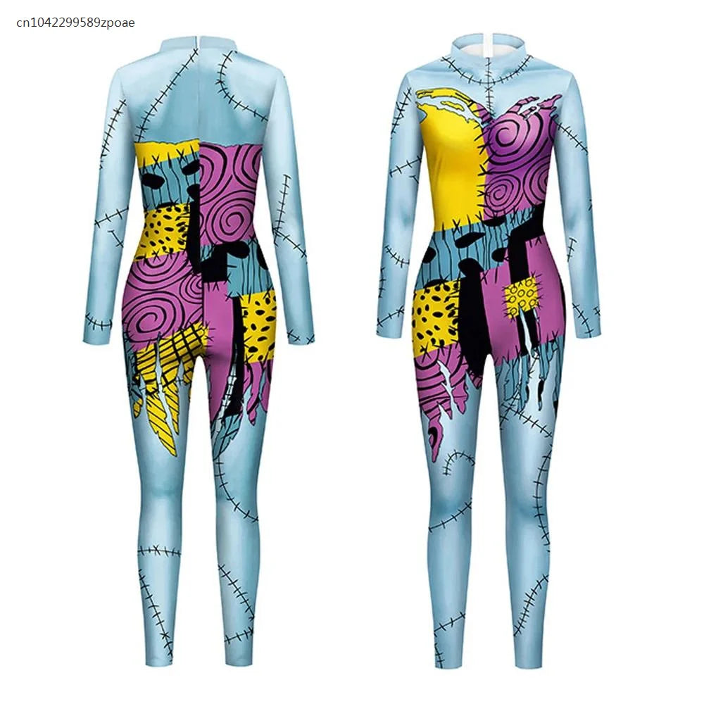 Halloween Adult Carnival Costume For Women Printed Slim Jumpsuit Catsuit Long Sleeve Masquerade Zenti Party Bodysuit Rompers