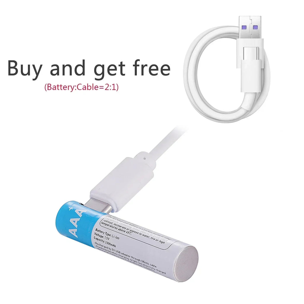 New USB AAA Rechargeable Batteries 1.5V 2300 mAh li-ion battery for remote control mouseElectric toy battery + Type-C Cable