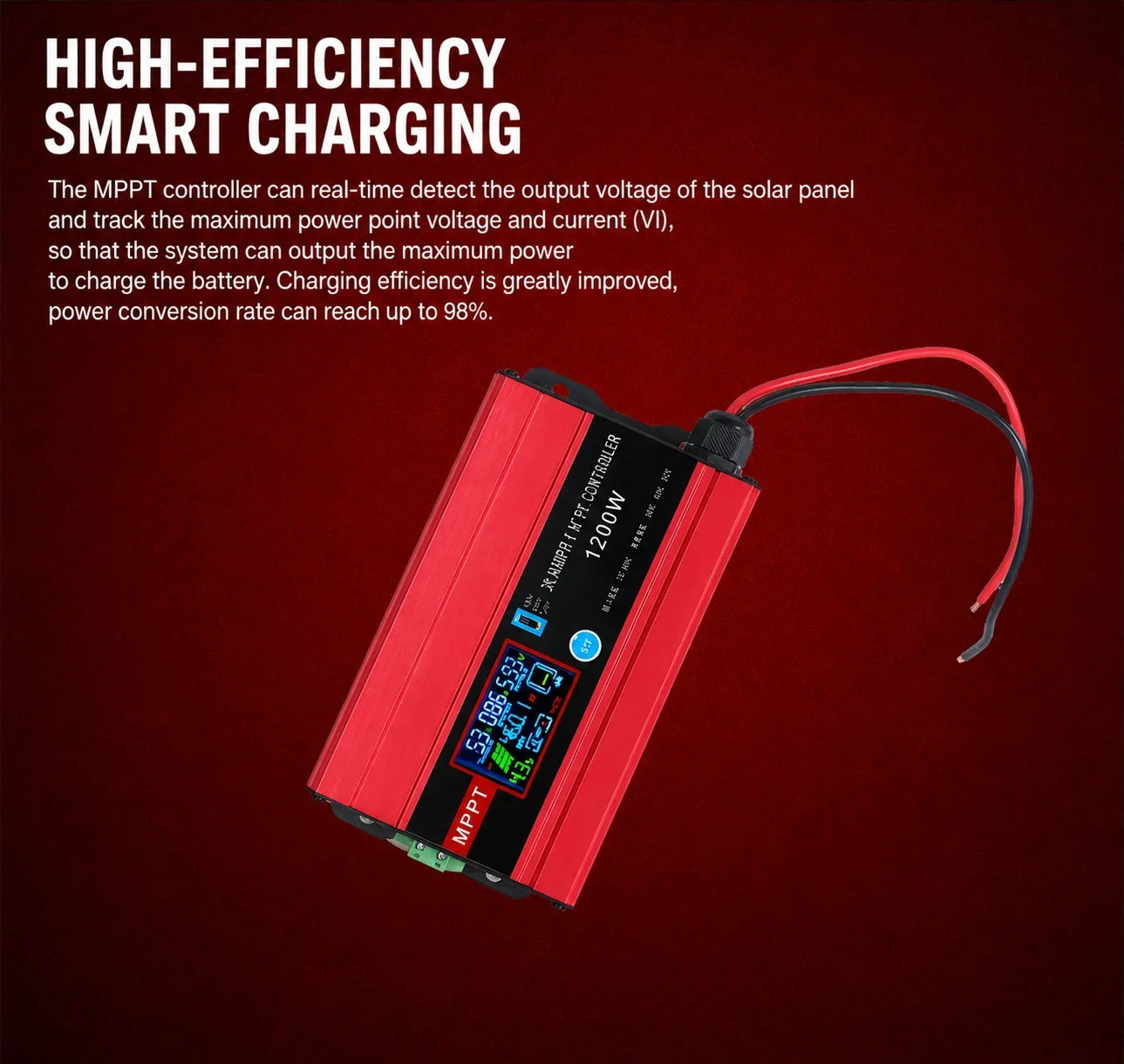 MPPT Solar Boost Controller, 1200W, Universal Input 12-60V, Output 48V-72V for EV Charging