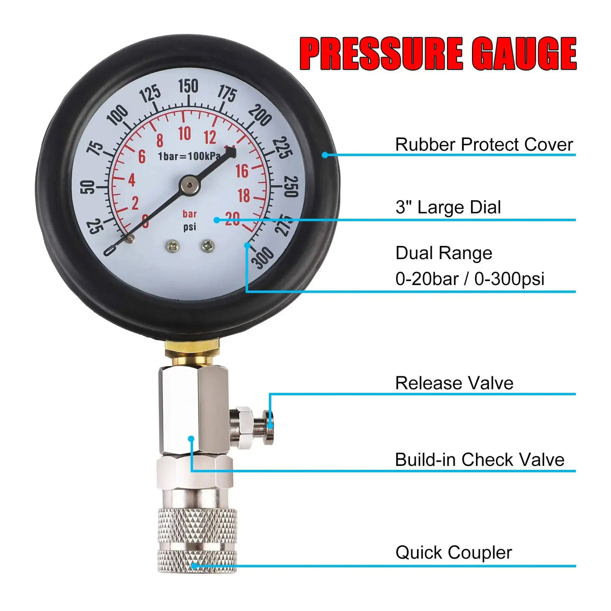 Car Cylinder Tester Kit Gasoline Engine Compression Meter 0-300 PSI Pressure Gauge with M10 M12 M14 M18 Adapter