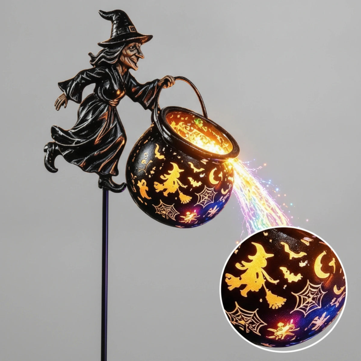 Halloween Witch Cauldron-Style Pot Garden Light Outdoor Halloween Witch Decor with Stake Garden Light with Stake Illuminated