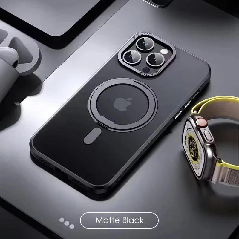 Magnetic 360°Rotation Stand Phone Case For iphone 12 13 14 15 16 17 Pro Max Plus With Ring Holder Frosted Transparent Case Funda