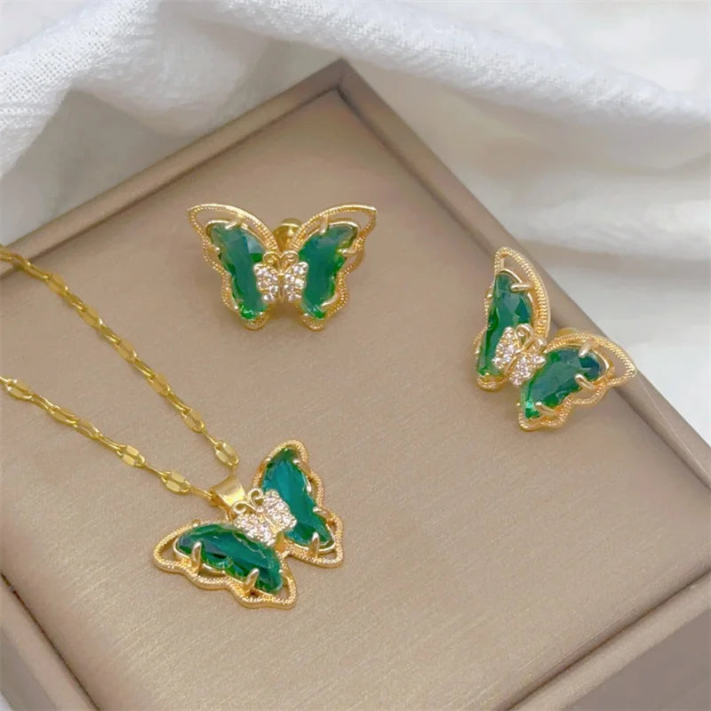 Fashion European and American Cute Micro-inlaid Butterfly Necklace Earrings Set Classic Light Luxury Transparent Stainless Steel