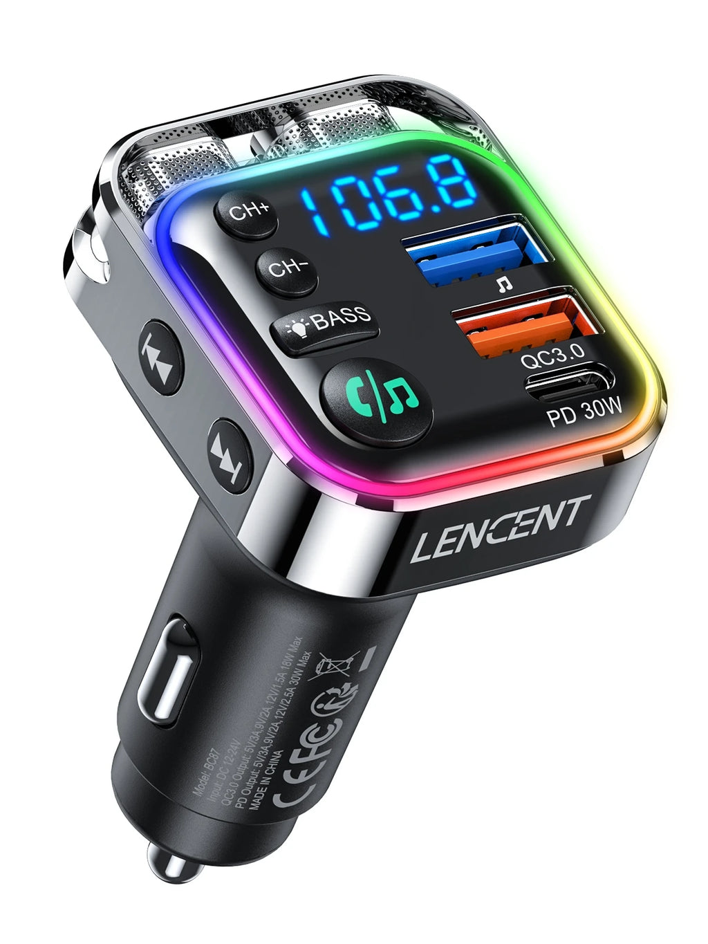 LENCENT Bluetooth 5.3 FM Transmitter with PD 30W & QC3.0 Fast Charger Bluetooth Car Adapter Hi-Fi Music/Clear Calling Car Kit