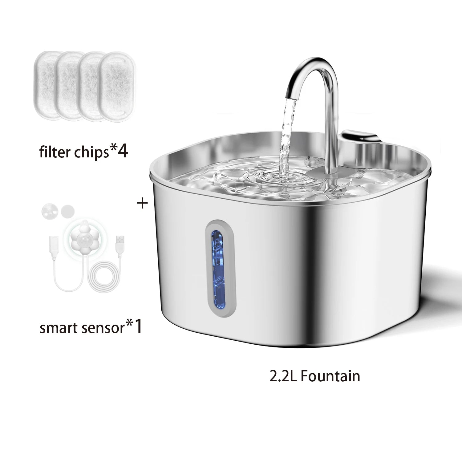 ZYFeeder 2.2L Automatic Water Fountain Stainless Steel Pet Water Feeder Cat/Dog Drink Bowl Water Dispenser Silent With Window