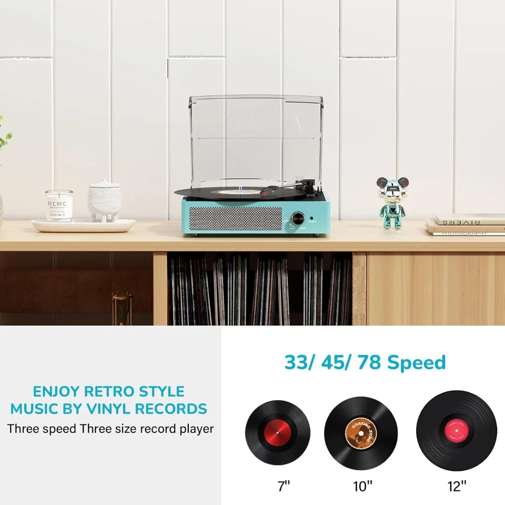 Vintage Belt Drive Vinyl Record Player 3 Speed Turntable with Stereo Speakers Wireless Bluetooth AUX RCA Headphone Jack Auto
