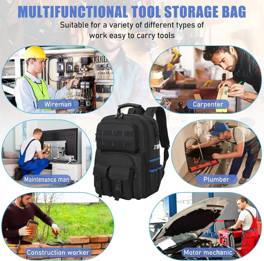 Tool Backpack, Heavy Duty Tool Bag with Padded Shoulder and Removable Tool Organizer, Water-Resistant Work Backpack, for Electricians