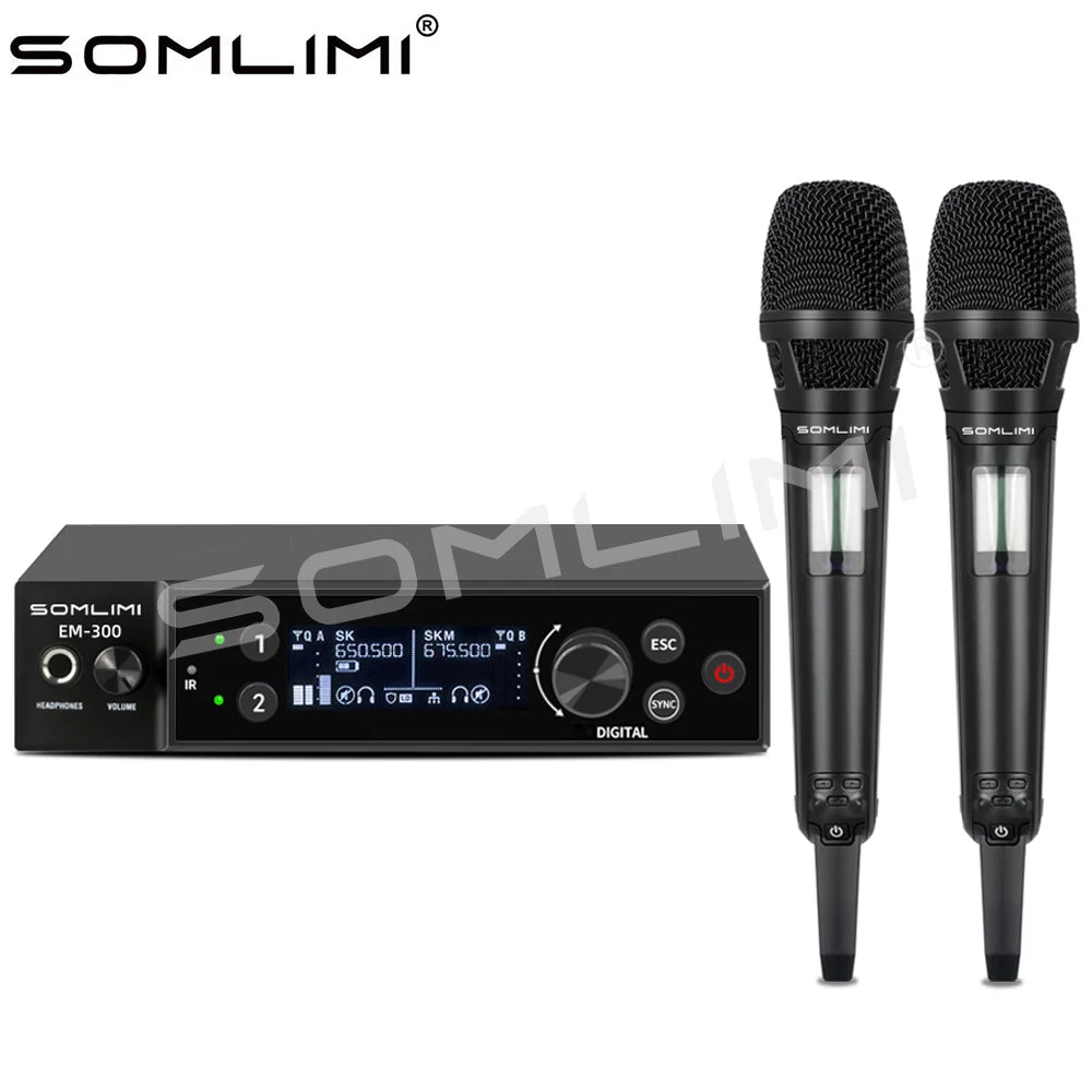SOMLIMI EM-300 UHF True Diversity Wireless Microphone System for Karaoke Stage Performances Mic Wireless Professionnel