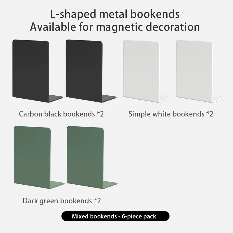 Bookends 6 Pair, White Metal Book Ends, Bookends for Shelves, Book Stopper for Heavy Books, Book Dividers for Home Office