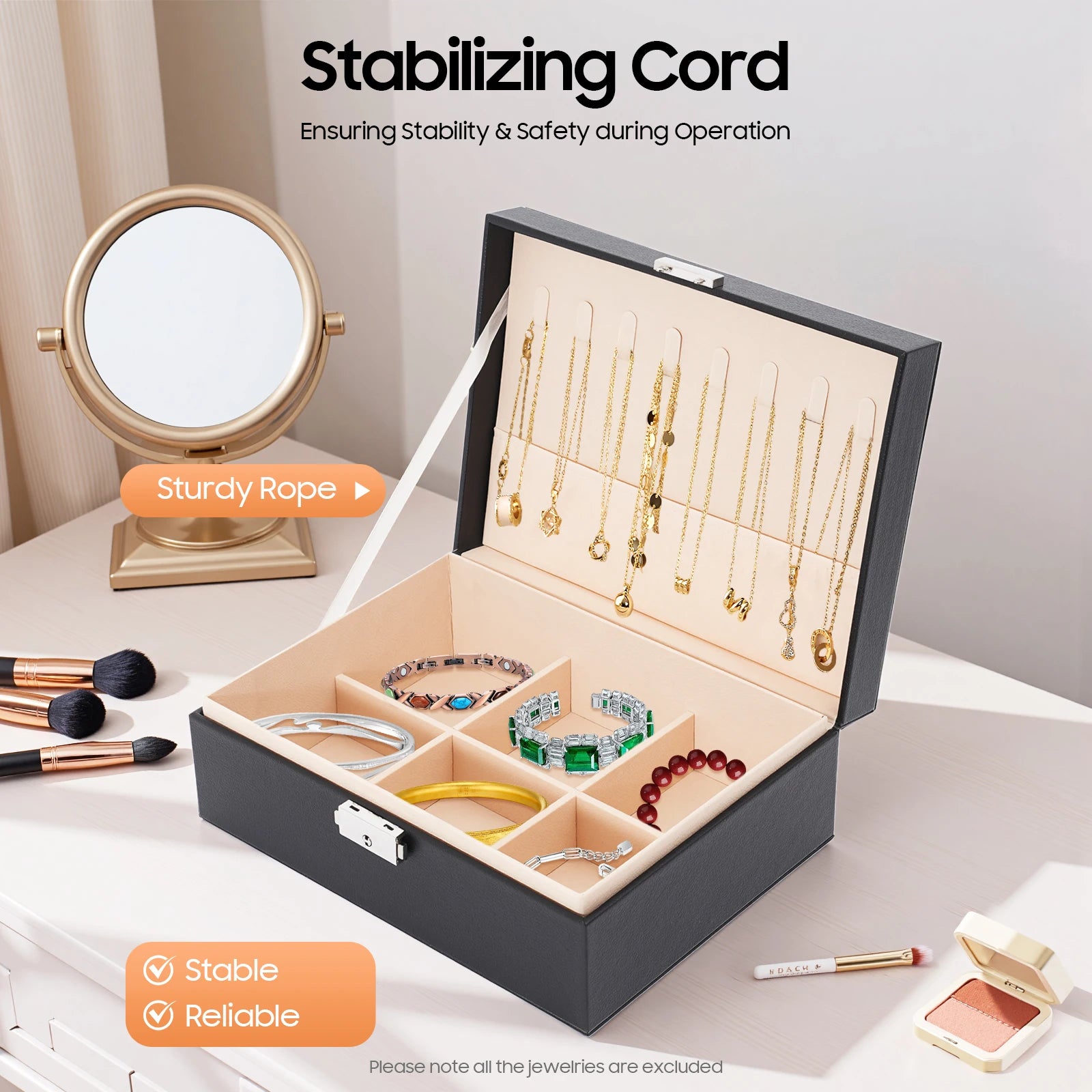 Jewelry Box Portable Desktop Jewelry Storage Case 2‑tier Jewelry Organizer Box with Lock Jewelry Holder for Rings Earrings Necklaces Bracelets Travel