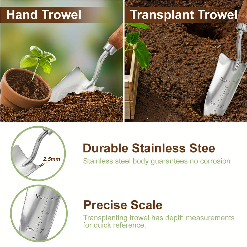 4pcs/set Heavy-duty Garden Tool,Durable Stainless Steel And A Sturdy Wooden Handle. Includes Hand Shovel, Trowel, Garden Rake