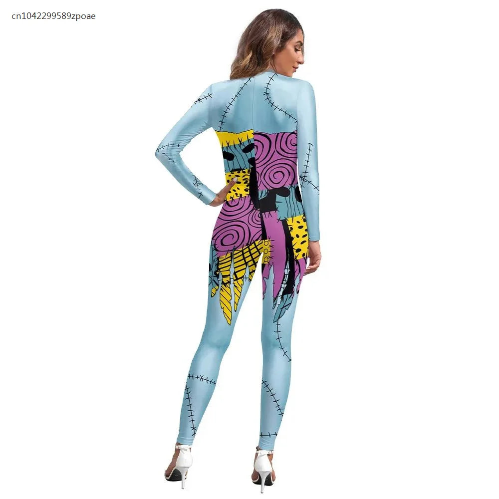 Halloween Adult Carnival Costume For Women Printed Slim Jumpsuit Catsuit Long Sleeve Masquerade Zenti Party Bodysuit Rompers