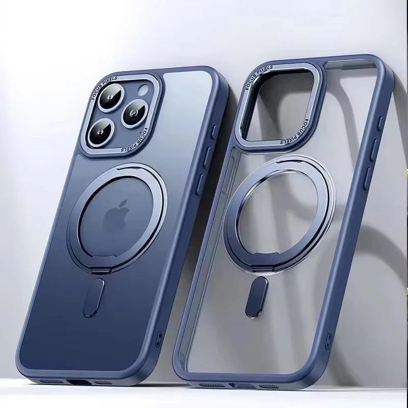Magnetic 360°Rotation Stand Phone Case For iphone 12 13 14 15 16 17 Pro Max Plus With Ring Holder Frosted Transparent Case Funda