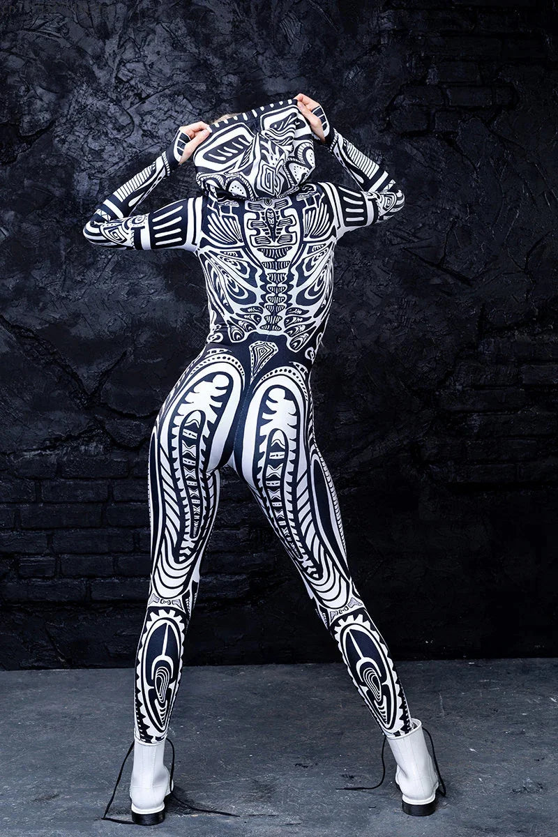 Halloween Women Role Play Costume Black White Tribal Print Hooded Long Sleeve Skinny Catsuit Full Body Jumpsuit Cosplay Outfit