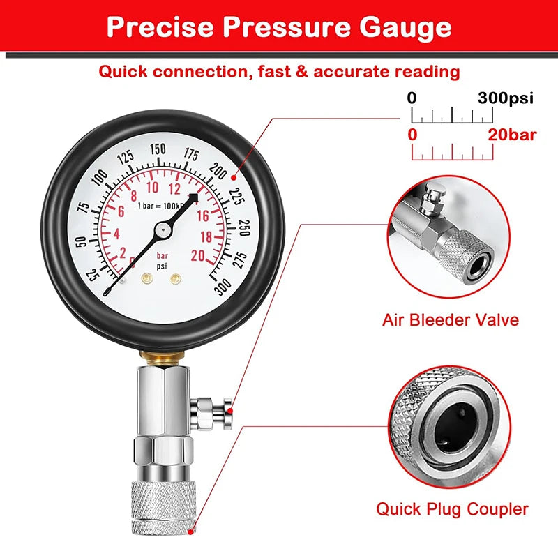 Automotive Engine Compression Tester Tools Kit for Motorcycle Car Truck Engine Cylinder Gauge Fuel Pressure Tester Kit 0-300 PSI