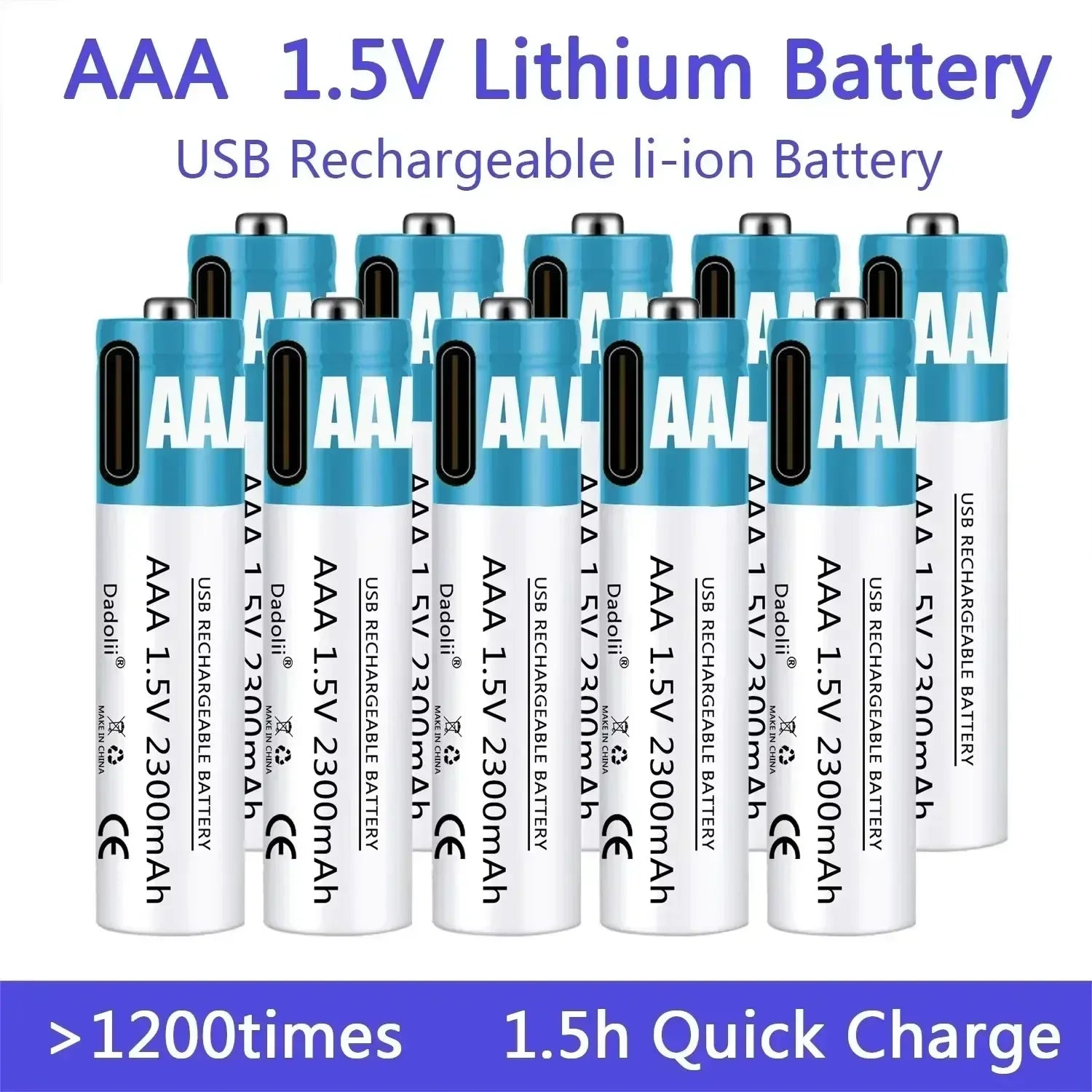 New USB AAA Rechargeable Batteries 1.5V 2300 mAh li-ion battery for remote control mouseElectric toy battery + Type-C Cable