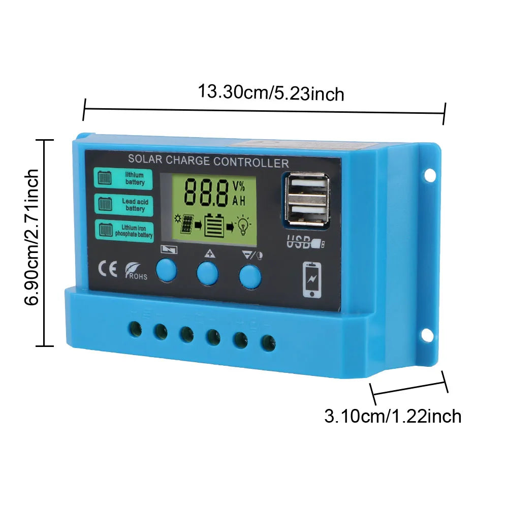LCD Display Auto 30A Solar Charge Regulator Dual USB Chargers 5V Output Solar Controller PWM Battery Charger 12V/24V Universal