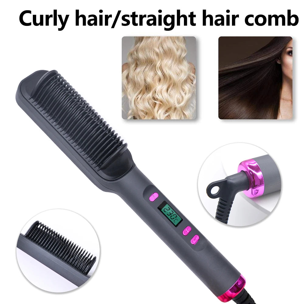 Hair Straightener Ceramic Hot Comb 2 in 1 Electric Straighten Hair Brush Negative Ion Fast Heating Styling Tool ﻿