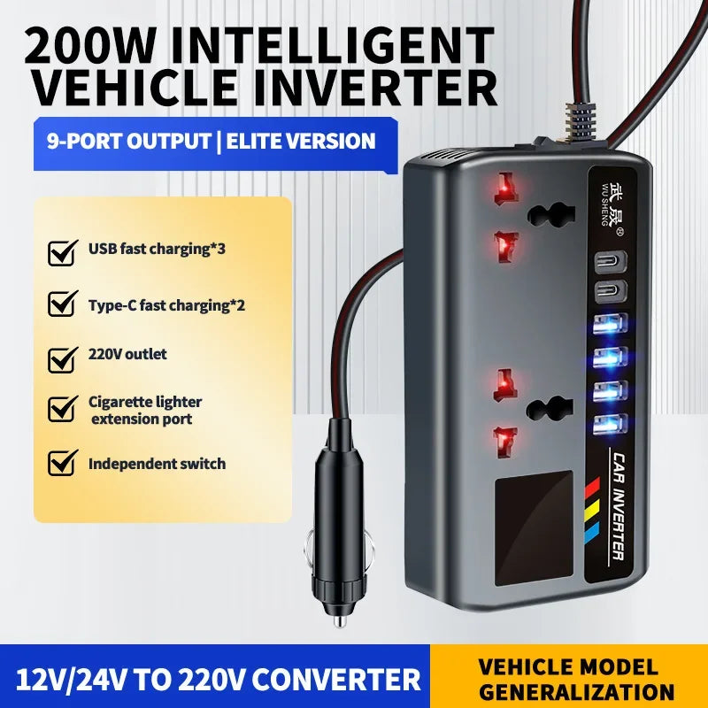 Portable Car Inverter 12V to 110V / 24V to 220V Outlet Adapter with 4 USB Ports Fast Charging Car Charger for Auto Truck SUV RV