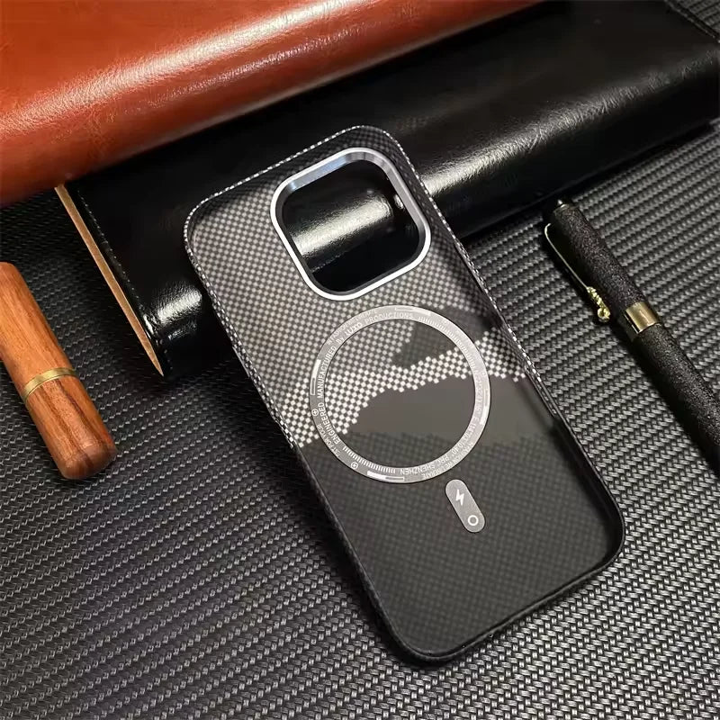 Carbon Fiber Texture Magnetic Case For iphone 17 Pro Max 17Pro Air Ultrathin Alloy Lens Wireless Charge for Magsafe Hard Pc Case