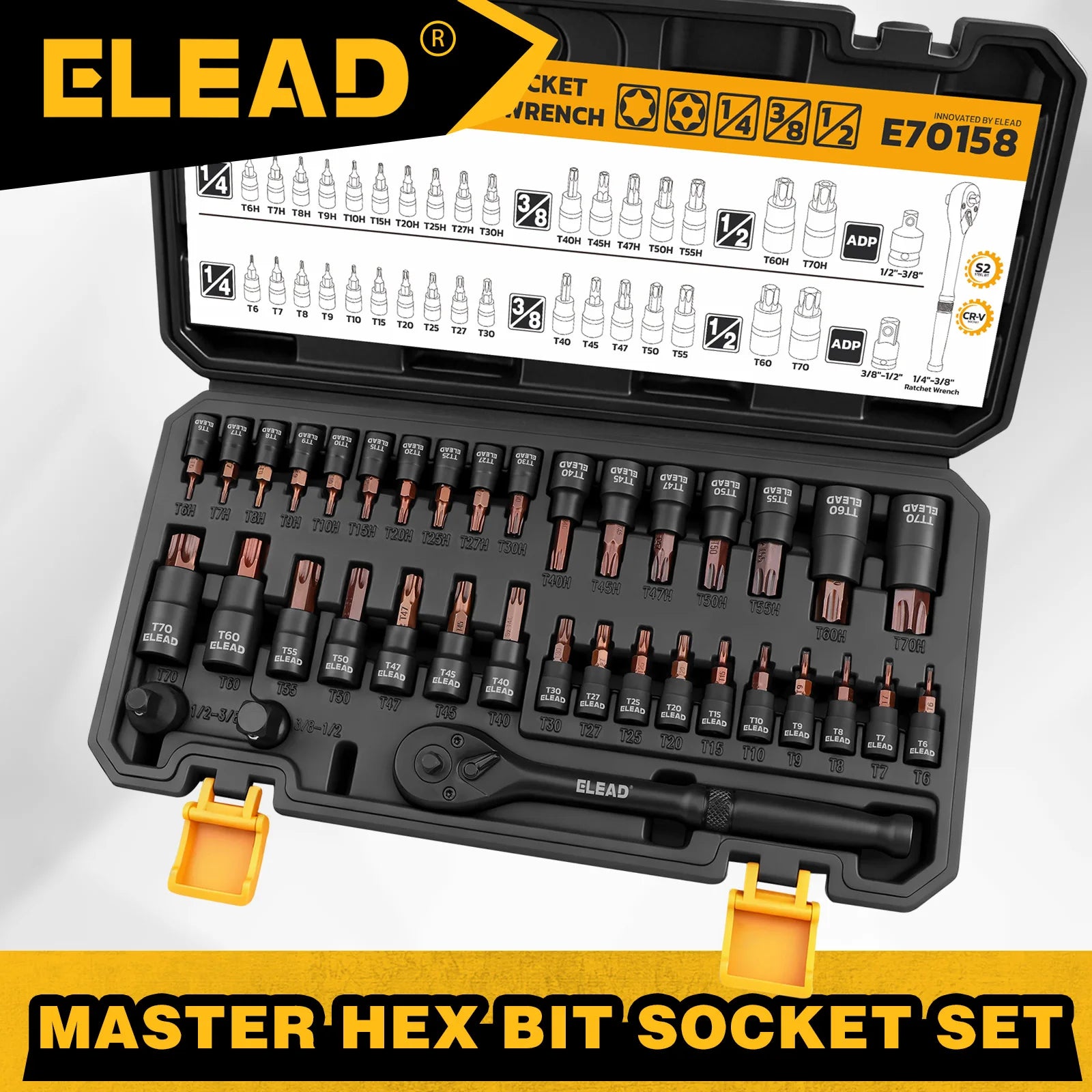 ELEAD 37-Piece Premium Torx Bit Socket Set (T6–T70/T6H–T70H) — CR-V & S2 Steel, High-Torque Ratchet, 1/4"/3/8"/1/2" Drives