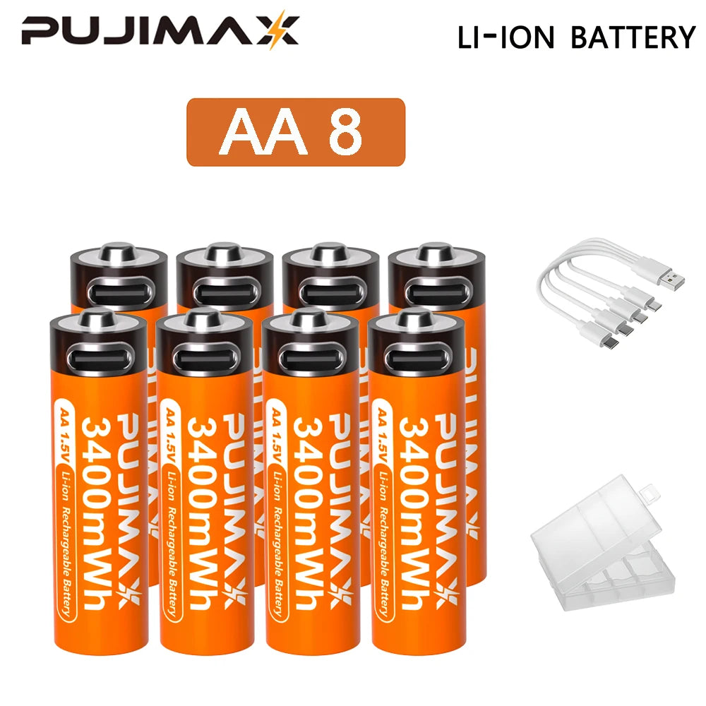 PUJIMAX 1.5V AA&AAA Rechargeable Lithium Battery 3400mWh/1100mWh, Type-C Port Charging Be Reused 1500 Times For Alarm Clocks
