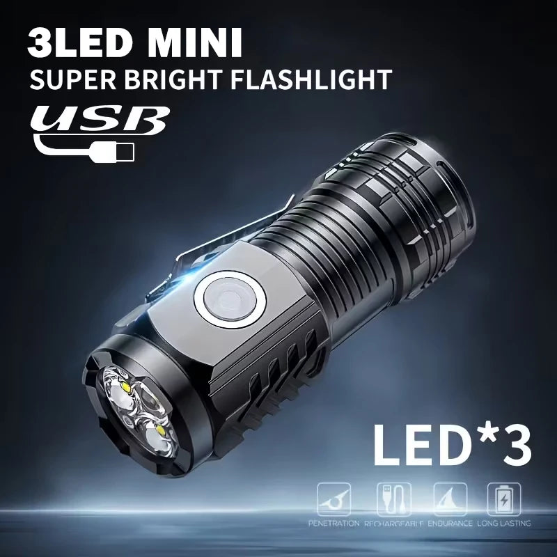 Mini linterna de 3 LED con clip para bolígrafo, para caminar de noche, brillo portátil, foco de emergencia recargable e impermeable para exteriores