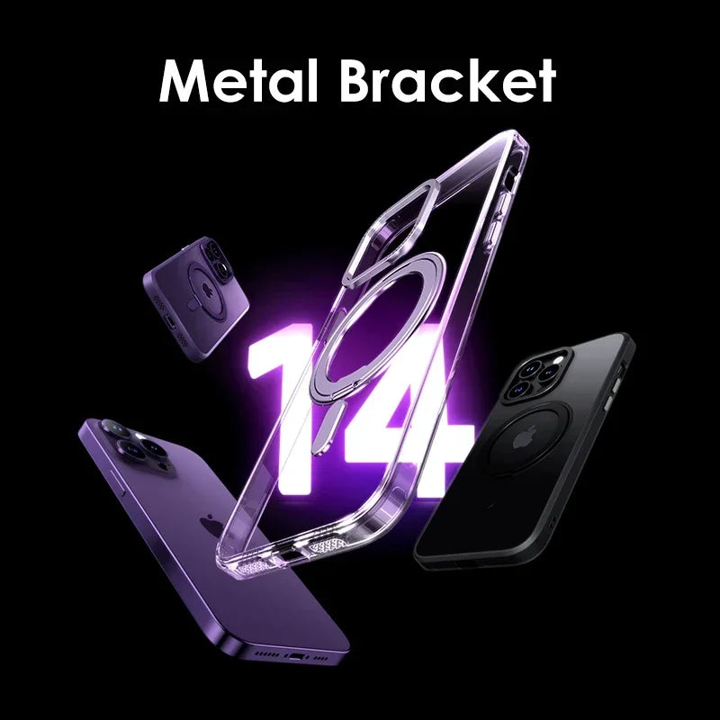 Magnetic 360°Rotation Stand Phone Case For iphone 12 13 14 15 16 17 Pro Max Plus With Ring Holder Frosted Transparent Case Funda