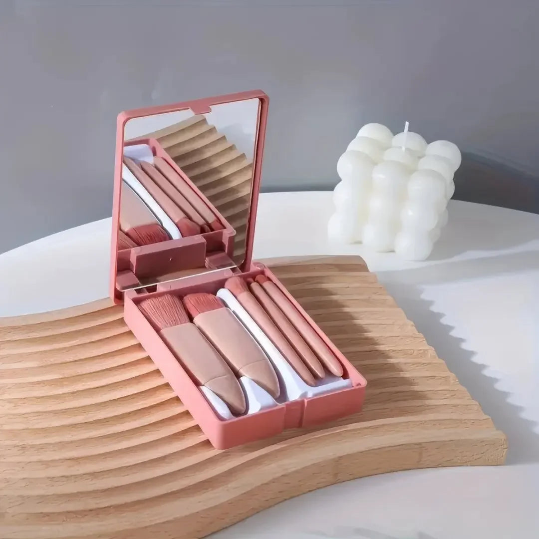 5Pcs Mini Pink Makeup Brush Set with Built-in Mirror, Soft Synthetic Bristles Gentle on Skin Portable Travel Size for Daily Makeup On-the-Go Touch-ups Home Travel Women Makeup Lovers Beginners Blush Eyeshadow Foundation Brush