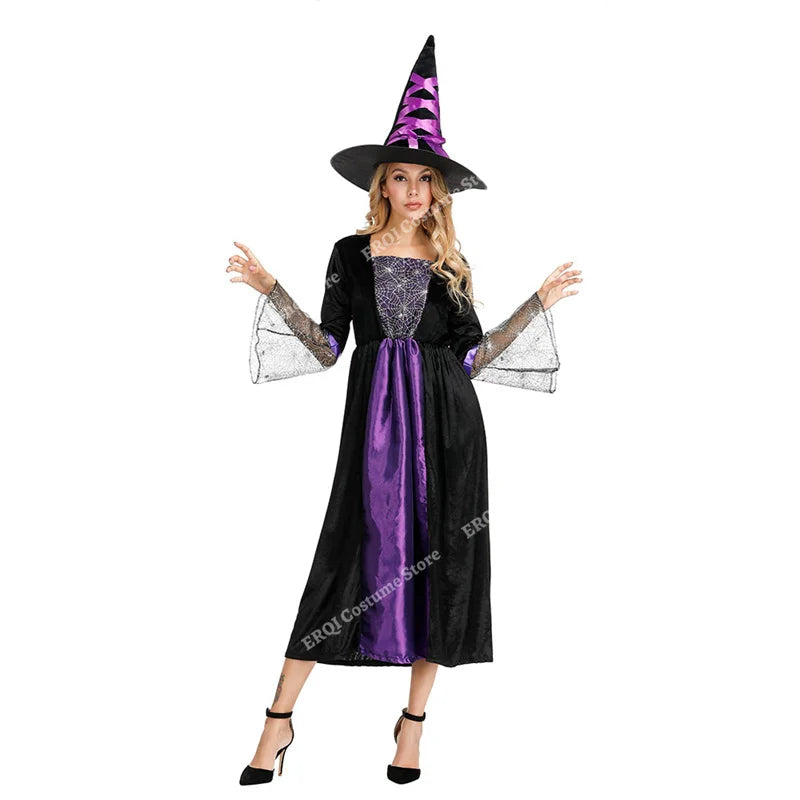 Halloween Dresses for women Witch Costume Sorceress Dress Lace Sleeves Spider Witch Dress Magic Hat Purple Gray Orange green