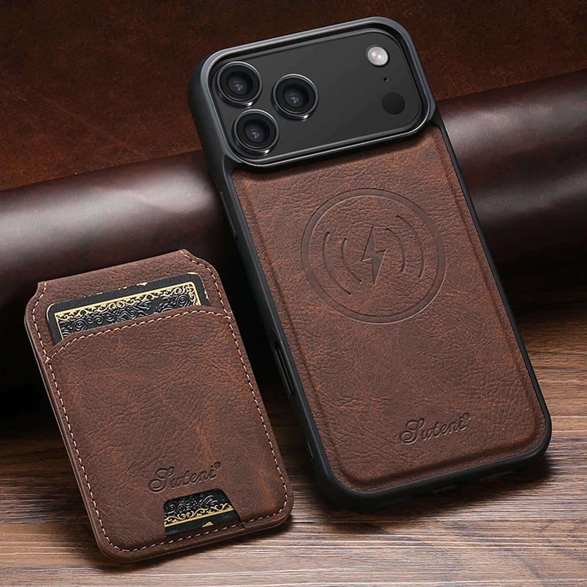 SUTENI Wireless Charging Phone Case Magnet Card Holder Stand Faux Leather For iPhone 18 Pro Max Air 16 Plus 15 14 13 12