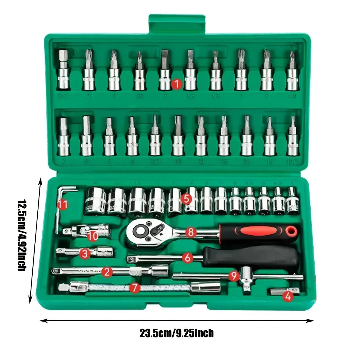 Juego de herramientas familiares de 46 piezas 1/4 Kits de herramientas mecánicas para reparación de automóviles con llaves de vaso métricas, juego de vasos hexagonales, llave de carraca en pulgadas