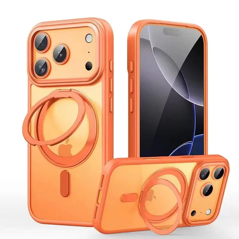 Magnetic 360°Rotation Stand Phone Case For iphone 12 13 14 15 16 17 Pro Max Plus With Ring Holder Frosted Transparent Case Funda