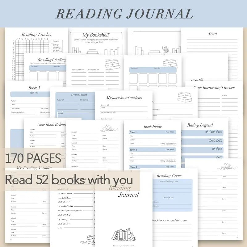 A5 Reading Journal Planner, 52 Book Review Templates, Ideal Gift for Book Lovers to Record Reading Notes & Book Quotes