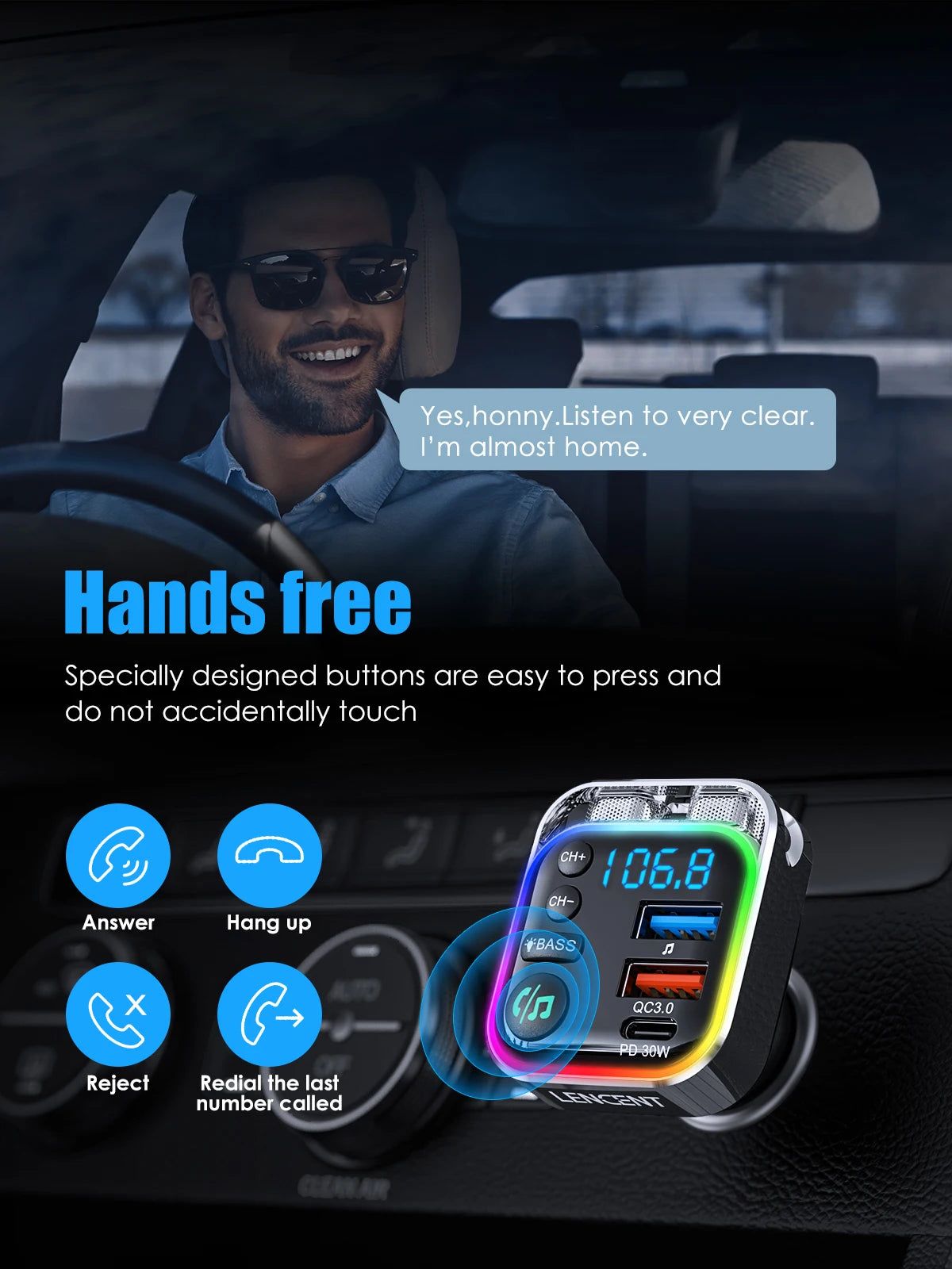 LENCENT Bluetooth 5.3 FM Transmitter with PD 30W & QC3.0 Fast Charger Bluetooth Car Adapter Hi-Fi Music/Clear Calling Car Kit