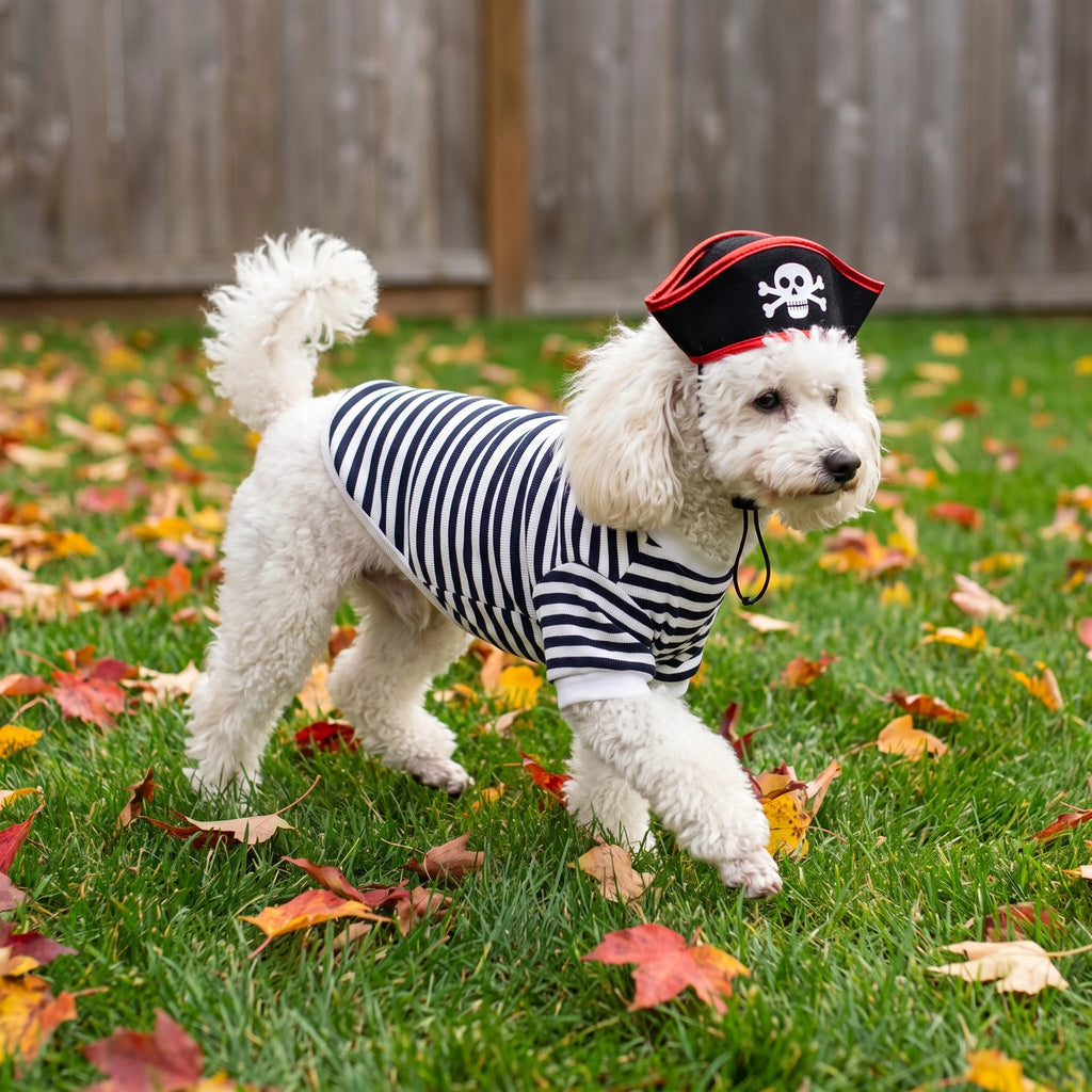 Halloween Pirate Pet Costume Set with Skull Hat Black White Striped Dog Cat Shirt Sweatshirt Spooky Cosplay Party Apparel Outfit