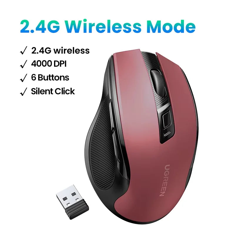 Ratón inalámbrico UGREEN, Bluetooth 5.0, ergonómico, 4000DPI, 6 botones silenciosos, para MacBook, tabletas, portátiles, ordenadores y PC, ratón 2.4G.