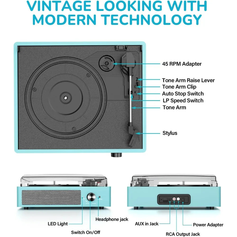 Vintage Belt Drive Vinyl Record Player 3 Speed Turntable with Stereo Speakers Wireless Bluetooth AUX RCA Headphone Jack Auto