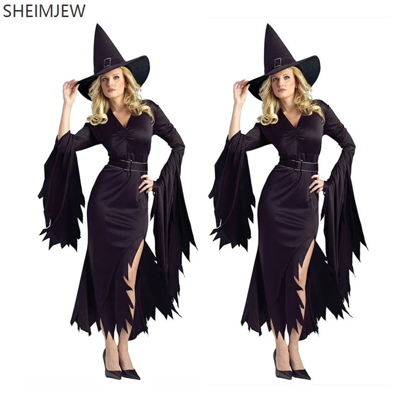 Halloween Adult Women Gothic Black Witch Costume Carnival Purim Cosplay Party Evil Wizard Masquerade Irregular Dress Outfit 2025