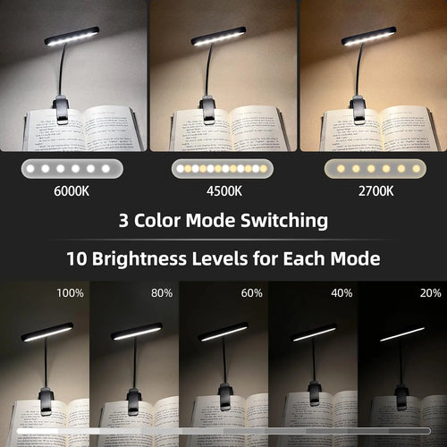 Lámpara de lectura de libro de 14 LED, recargable por USB, luz cálida, fría y diurna, portátil, flexible, con clip fácil para lectura nocturna.
