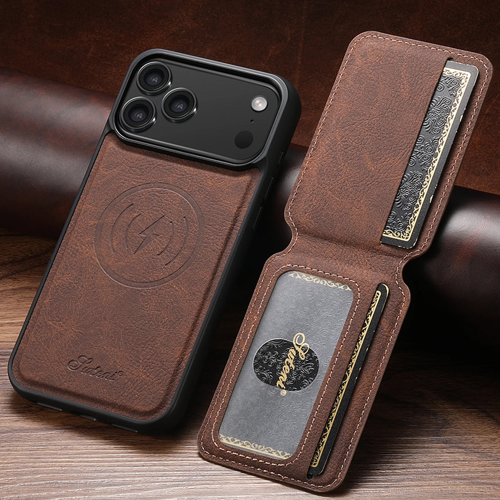SUTENI Wireless Charging Phone Case Magnet Card Holder Stand Faux Leather For iPhone 18 Pro Max Air 16 Plus 15 14 13 12