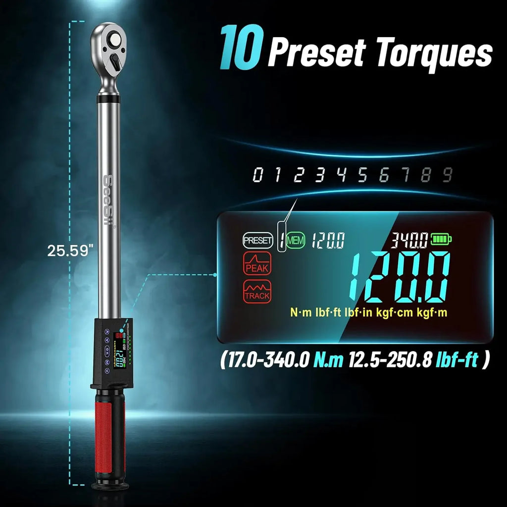 Seesii Digital Torque Wrench 340N.m Digital Electric Wrench 1/2" Drive 12.5-250.8ft-lbs/17-340N.m Buzzer LED Flash for Car Care
