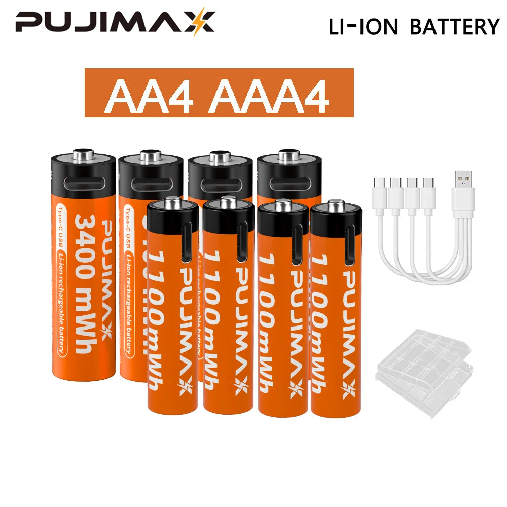 PUJIMAX 1.5V AA&AAA Rechargeable Lithium Battery 3400mWh/1100mWh, Type-C Port Charging Be Reused 1500 Times For Alarm Clocks