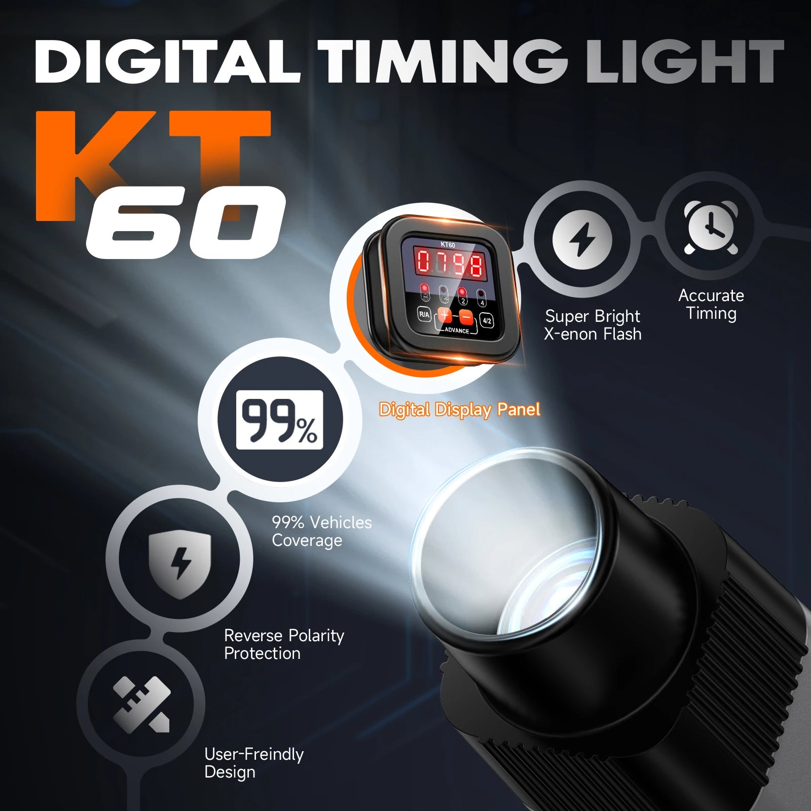 KZYEE KT60 Engine Digital Timing Light with Tachometer Timing Light Automotive 12V for 2&4 Stroke Petrol Engine for Car Moto