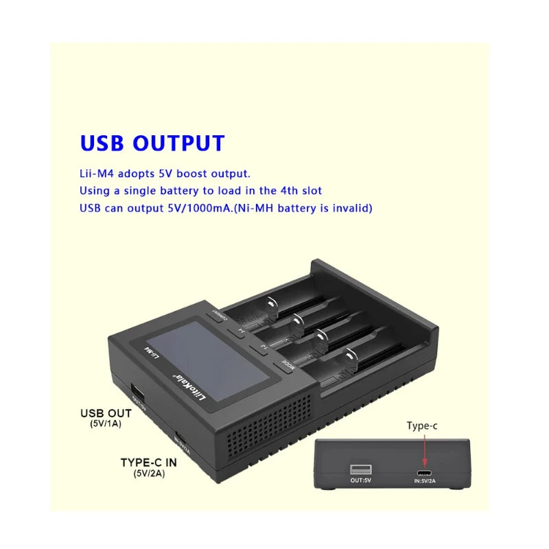 LiitoKala Lii-M4 Smart Battery Charger with LCD Display 4-Slot Universal for 18650 26650 21700 AA AAA 5V 2A Testing Capability