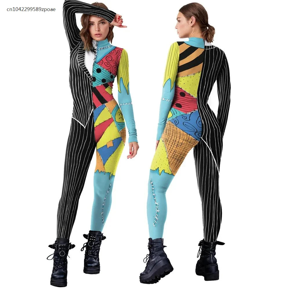 Halloween Adult Carnival Costume For Women Printed Slim Jumpsuit Catsuit Long Sleeve Masquerade Zenti Party Bodysuit Rompers