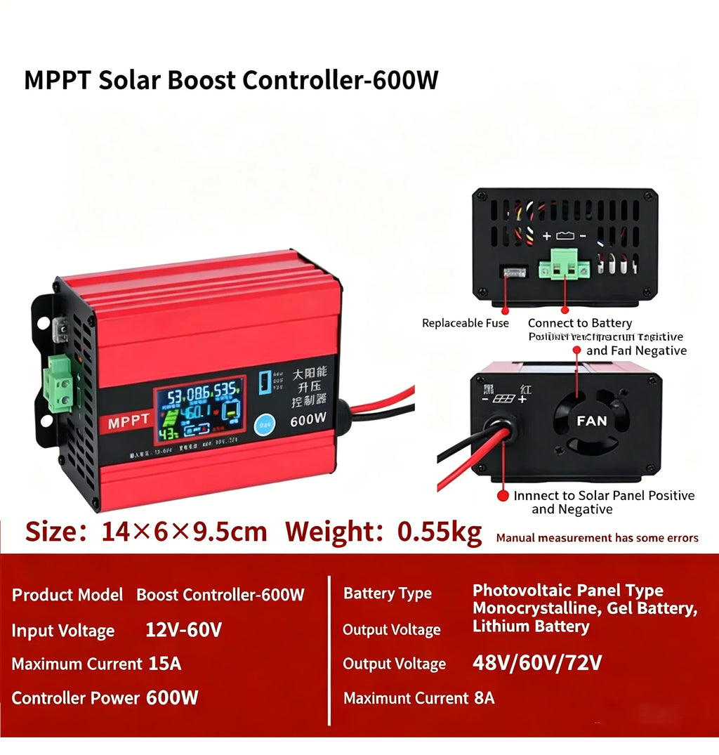 MPPT Solar Boost Controller, 1200W, Universal Input 12-60V, Output 48V-72V for EV Charging